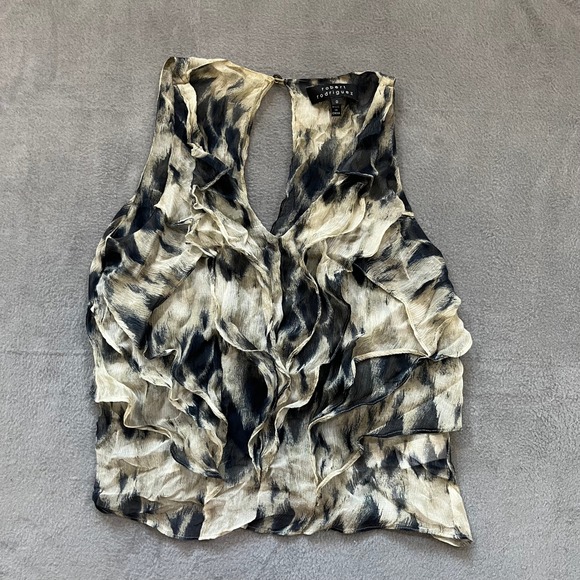 Robert Rodriguez Sleeveless 100 Silk Ruffle Blouse Top Black Beige Womens Size 0 - Picture 1 of 7